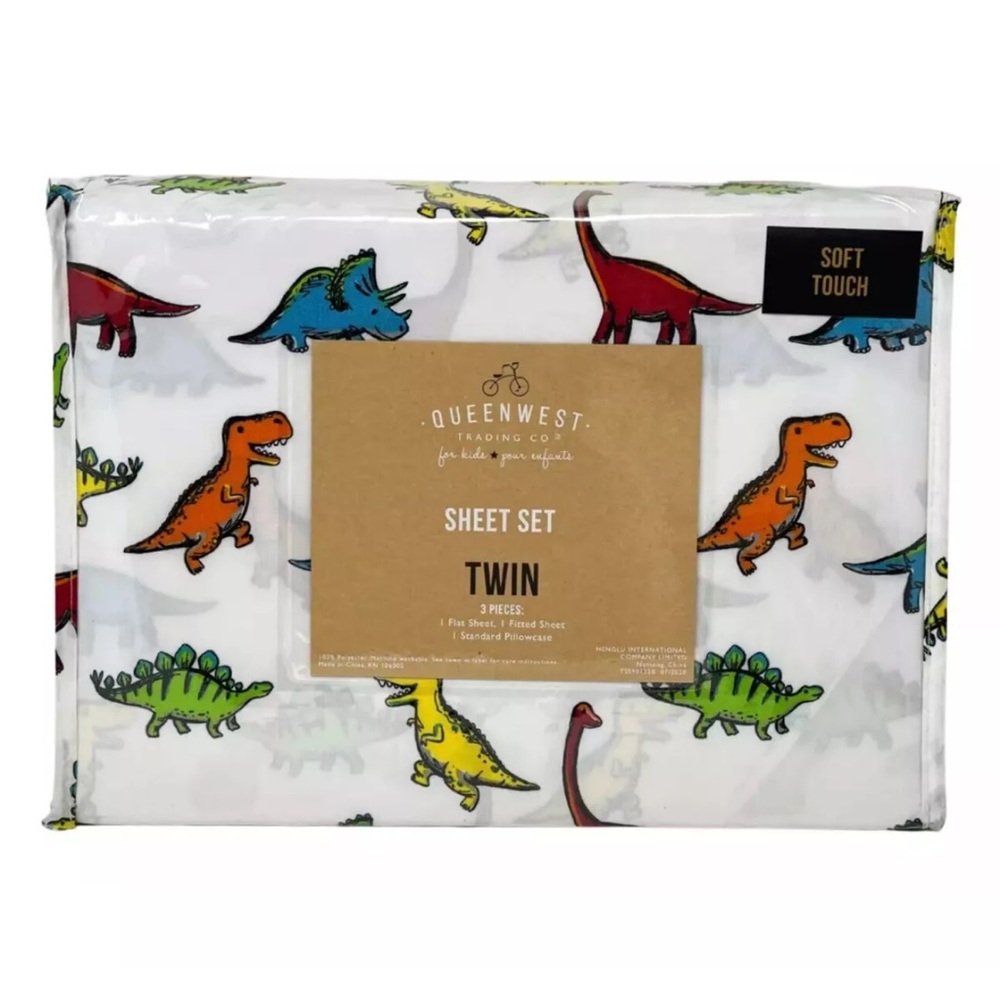 QUEENWEST TWIN 3PC Bright Green Yellow French Blue Orange Dinosaur Sheet Set NEW